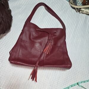 LAGGO PEBBLED LEATHER BURGANDY DRAWSTRING SHOULDER BAG